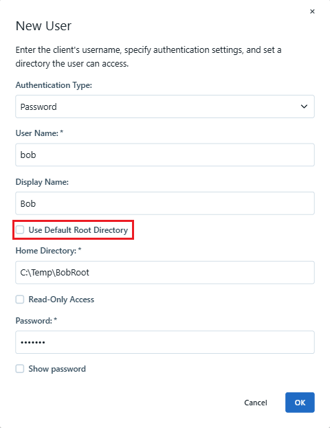 "Image shows the new user page from the CoreSSH admin console with 'Use Default Root Directory' checkbox highlighted"