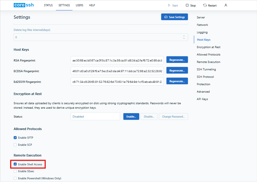 "Image shows enabling shell in the coressh server"