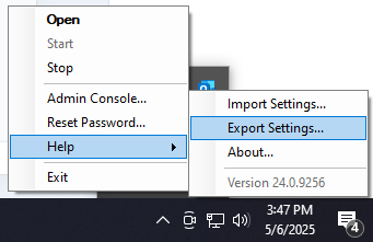 "Image shows the menu access by right clicking the CoreSSH server icon with help and the subsequent menu export settings highlighted"