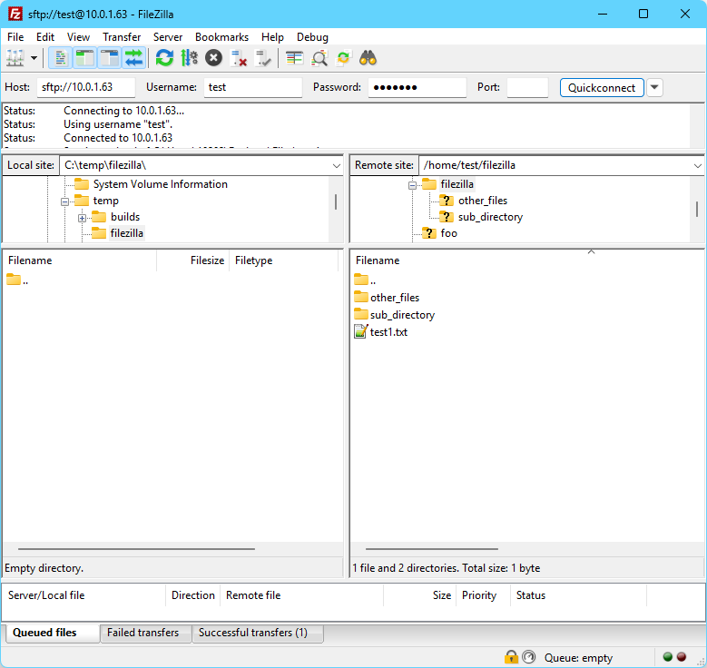 "Image shows a properly connected filezilla window"
