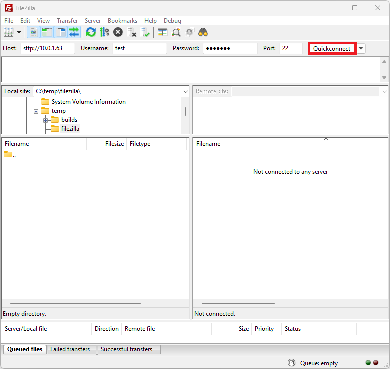 "Image shows a filezilla window with the 'Quick connect' button near the top right highlighted"
