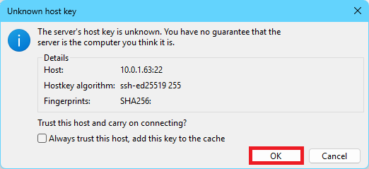 "Image shows an 'Unknown host key' warning window with the 'ok' button highlighted in the bottom right corner"
